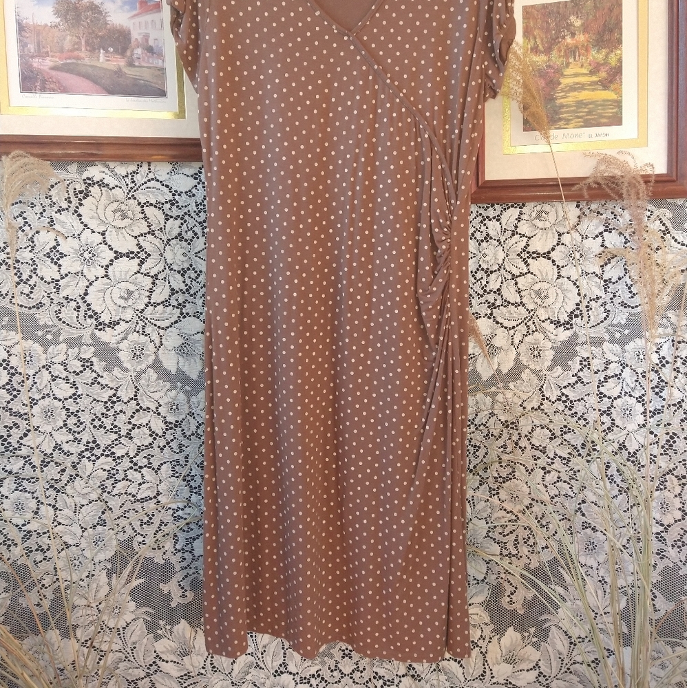 Chris Tan brown with tan beige polka dots dress sleeveless lightweight loose fit - Picture 2 of 9